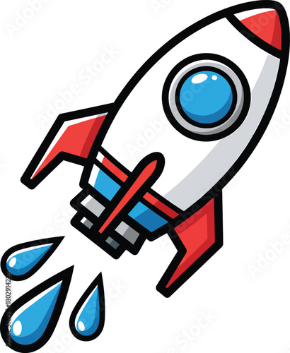 A white and red cartoon rocket ship with a blue porthole tilted in flight and leaking blue liquid droplets.