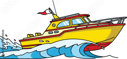 A vibrant yellow and red cartoon motorboat speeding through stylized blue waves.