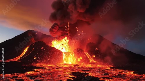 Volcanic eruption at night lava flow smoke and ash nature environment geological disaster abstract background