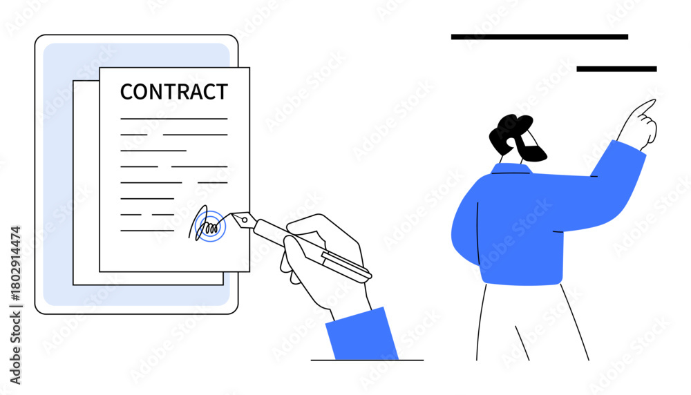 Fototapeta premium Hand signing digital contract on tablet with pen while man explains visually. Ideal for technology, business, legal, agreement, management, workflow, team collaboration. Simple flat metaphor