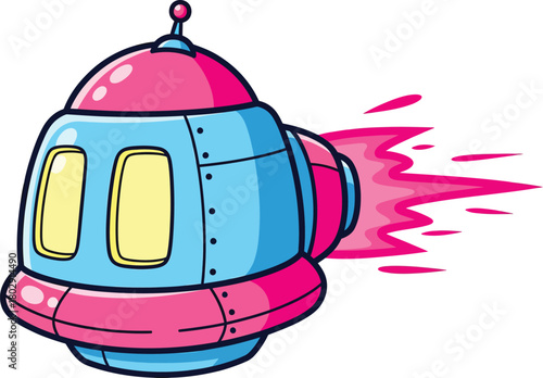 Cartoon blue and pink flying saucer spaceship with glowing yellow windows and fiery pink exhaust.