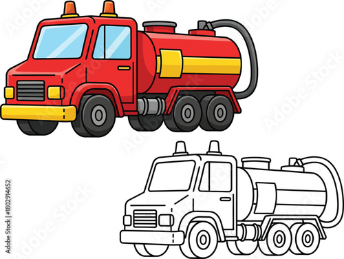 Cartoon Red Fire Tanker Truck with Siren Lights and a Black and White Line Art Version.