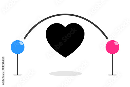 Long distance relationship - romantic partners being separated. Romance, love, partnership and separation by distant geographical location. Heart and connection and joint between. Vector illustration.
