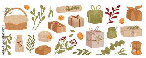 Vintage eco kraft gift box set flat design style. Green present and package for new years event. Classic box collection as festive sustainable concept, natural holiday and rustic market decor.