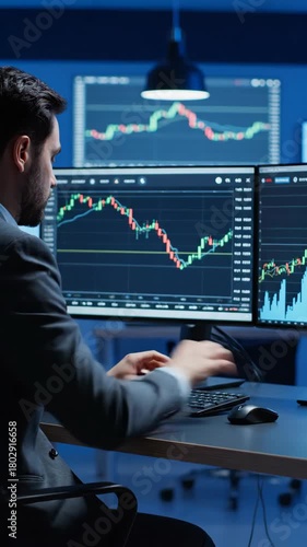 Man Working with Stock Market Data Charts on Computer Screens