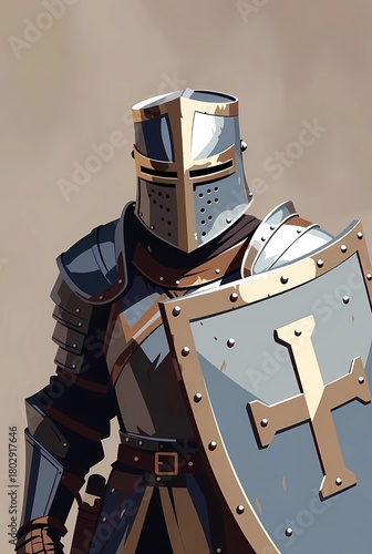 Illustration of a knight in armor with a shield