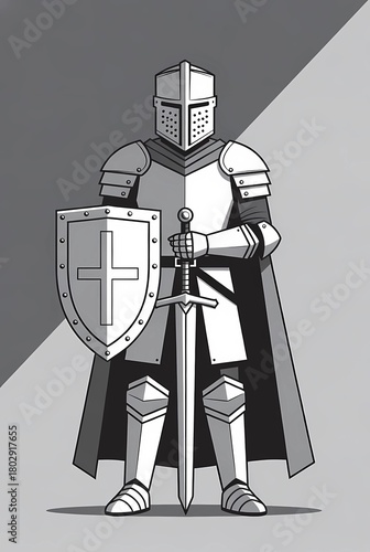 Illustration of a knight in armor with a shield