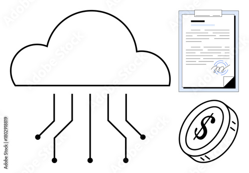 Cloud with circuit lines, dollar coin, signed document. Ideal for finance, technology, digital contracts, innovation, connectivity SaaS and e-business. Clean and simple flat metaphor