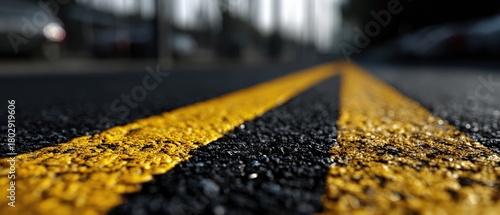 Asphalt road with yellow lines marking lanes in perspective view Concept of transportation, infrastructure, travel, and road safety