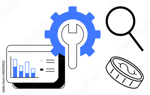Graph screen, blue gear with wrench, magnifying glass, and coin icon symbolize analysis, tools, research, cost efficiency, and process improvement. Ideal for data finance marketing operations