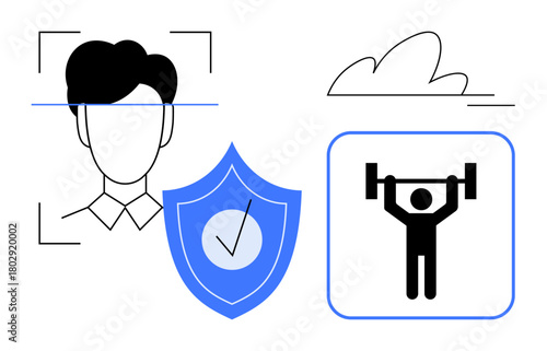 Face recognition scan, secured shield with checkmark, weightlifter icon, and cloud. Ideal for identity verification, cybersecurity, protection, fitness, health digital safety simple flat metaphor