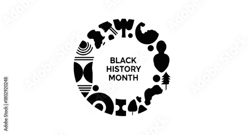 Black History Month circular illustration in minimal black and white graphic style representing cultural heritage