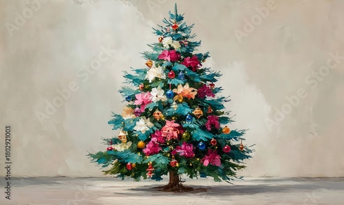 Cozy holiday tree illustration painted in textured oil style with gold, red, and turquoise decorations