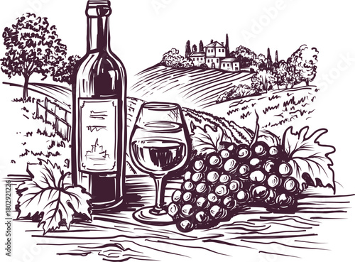 Wine Glass, Bottle, Grape against the Backdrop of a Rural Landscape with Vineyards, Vintage Ink Illustration