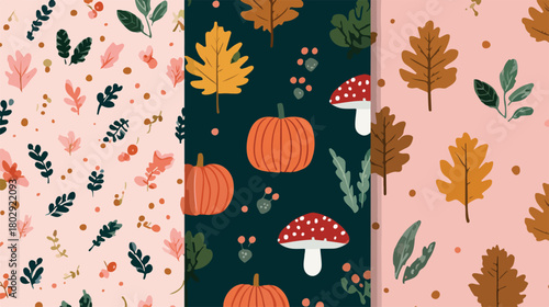 Jesienne wzory wektorowe z dyniami, liśćmi i grzybami na tle pastelowych kolorów.