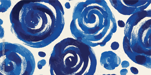 Abstrakcyjny wzór akwarelowych róż w odcieniach kobaltowego błękitu na jasnym tle.