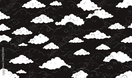 Czarno-biały wektorowy wzór z chmurami na nocnym niebie, idealny jako tło graficzne lub tekstura.