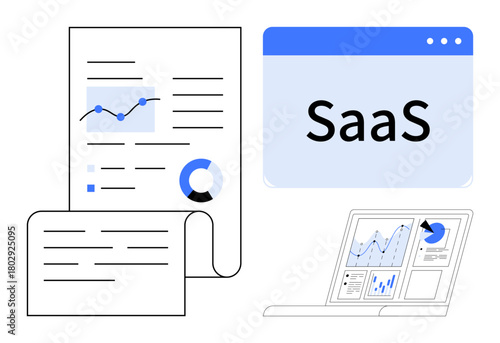 Graphs, charts, reports, and the SaaS interface representing data analysis and digital tools. Ideal for SaaS, data analysis, growth strategy, business performance, technology sales insights simple