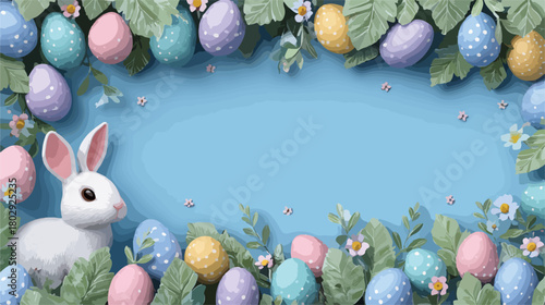 Wektorowa ilustracja z uroczym białym zajączkiem otoczonym kolorowymi pisankami i zielonymi liśćmi na niebieskim tle.