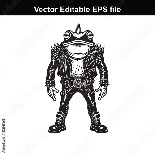 Frog with mohawk wearing a leather jacket, studded belt, and boots, isolated on