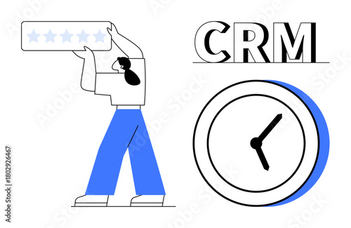 Person holding five-star rating, large clock, and bold CRM text symbolize customer satisfaction, time management, and CRM systems. Ideal for efficiency, organization, teamwork, productivity service