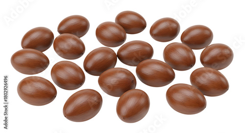 A scattered collection of brown shea nuts with smooth surfaces and subtle highlights isolated on a transparent background