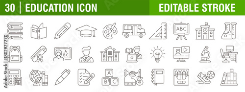 Collection of education icons. Learning, graduation, school. Vector design templates, signs, symbols, editable strokes.