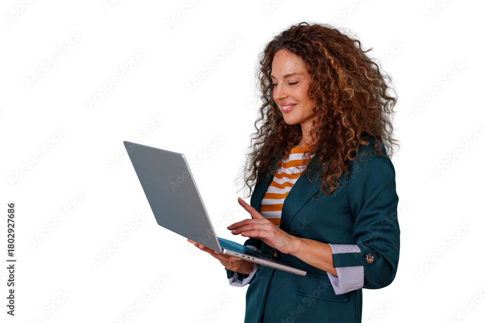 Naklejka premium Woman smiling while working on a laptop, using technology for business communication, with a transparent background