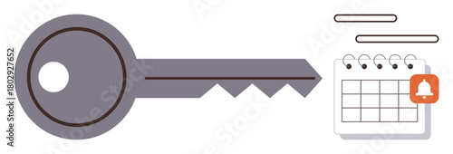 Metal key near a spiral calendar with a red notification bell. Ideal for security, reminders, scheduling, organization, productivity, deadlines, and time management. Flat simple metaphor