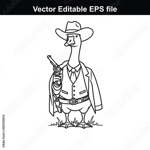Goose dressed as a cowboy holding a gun, black and white line art, isolated on
