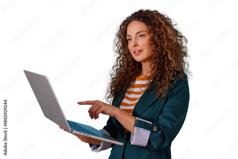Naklejka premium Professional businesswoman presenting digital content on laptop, explaining information while standing with transparent background
