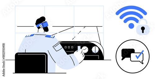 Uniformed man adjusts control panel in operational setting, network security lock, and approved messaging icons. Ideal for communication, technology, cybersecurity, monitoring, connectivity