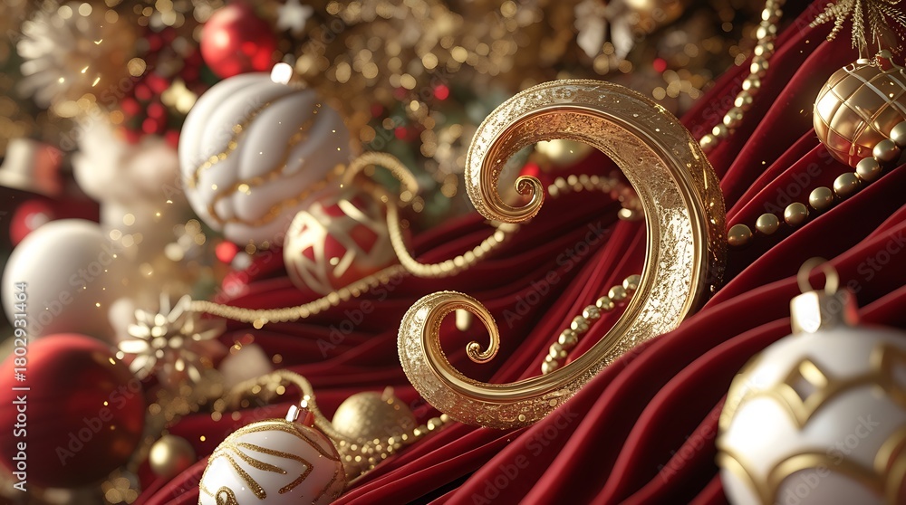 Fototapeta premium Elegant Christmas background with gold baroque tree, red velvet drapes, and festive decorations.