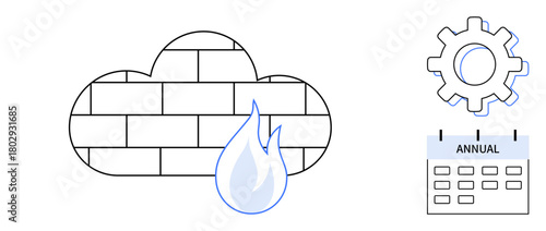 Cloud-shaped brick wall with fire icon, gearwheel for settings, annual calendar for planning. Ideal for cybersecurity, cloud computing, data protection, firewall setup, IT services, software updates