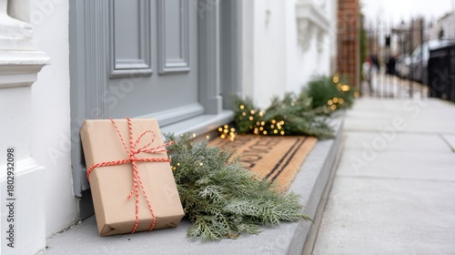 Kraft-paper gift tied with red twine placed by gray front door. Evergreen decor and subtle warm lights create clean holiday delivery concept with winter atmosphere