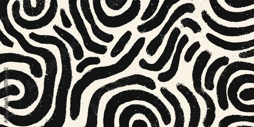 Abstrakcyjny wzór tła w stylu retro z czarno-białymi, organicznymi, falistymi liniami i teksturą.