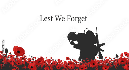 Solemn remembrance with a soldier's silhouette amidst a field of vibrant red poppies, honoring sacrifices and commemorating veterans on a reflective occasion