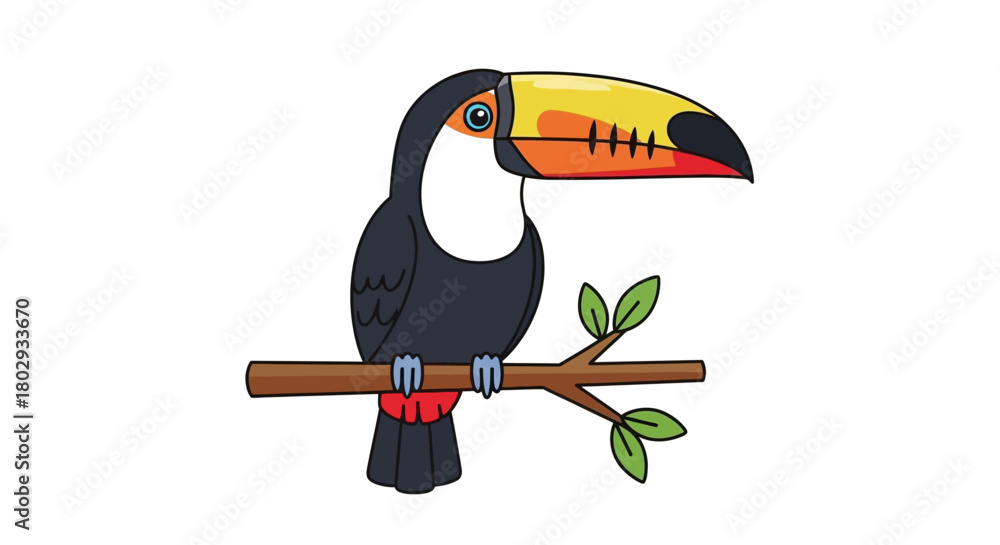 Naklejka premium A cute toucan bird illustration sitting on a tree branch, bright and colorful