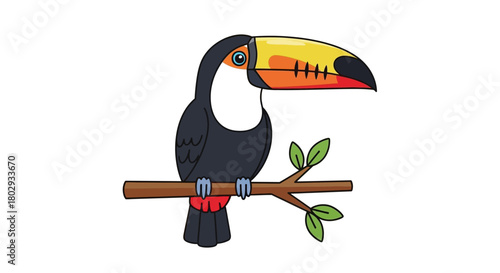 A cute toucan bird illustration sitting on a tree branch, bright and colorful