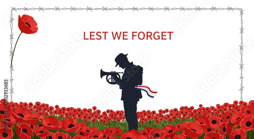 Solemn tribute with a silhouette of a bugler soldier in a vibrant red poppy field for a day of remembrance