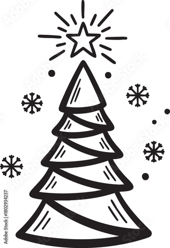 Handdrawn stylized Christmas tree with a shining star topper and falling snowflakes.