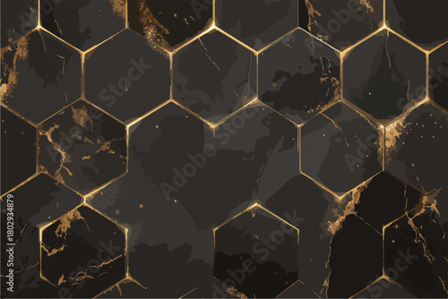 Luksusowa, geometryczna tekstura heksagonalnych płytek marmurowych w kolorze czarnym i złotym.