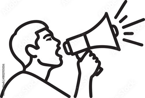 Minimalist line art icon of a person shouting into a megaphone with sound lines indicating a loud announcement.