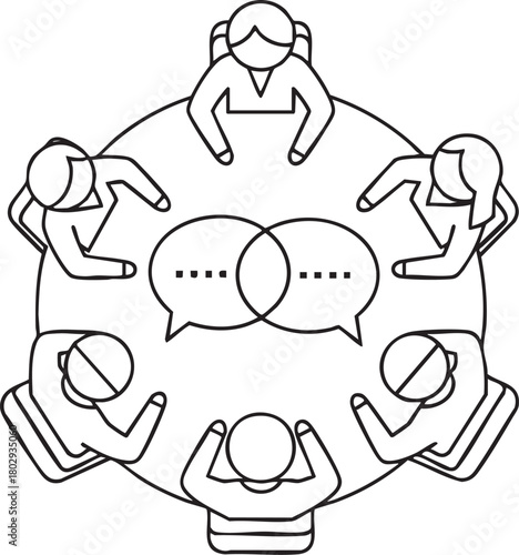 Minimalist line art icon of six people in a business meeting around a circular table with speech bubbles.