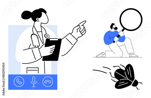 Female doctor with clipboard during consultation, man examining bug with magnifying glass. Ideal for telemedicine, diagnosis, research, science, healthcare, problem-solving, simple flat metaphor
