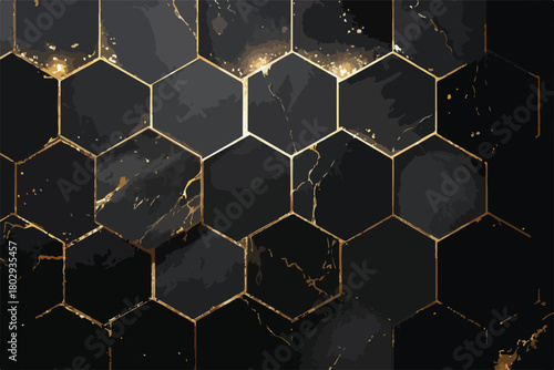 Luksusowe czarno-złote tło heksagonalne, wzór marmuru z geometryczną siatką idealny na elegancką tapetę.