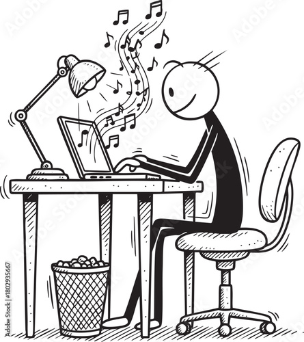 Sketchy cartoon of a smiling stick figure at a desk typing on a laptop as music notes emerge.
