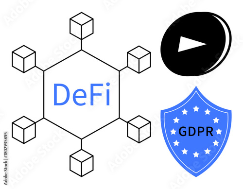 Hexagonal blockchain network labeled DeFi, shield symbolizing GDPR compliance, and a floating digital token. Ideal for finance, blockchain, security, decentralized systems, cryptocurrency, privacy