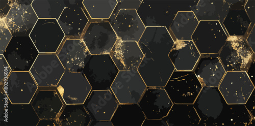 Abstrakcyjne tło z czarnych heksagonów ozdobionych złotym marmurowym efektem i brokatem