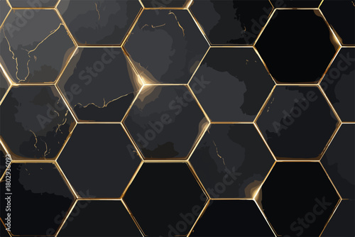 Elegancki wektor czarno-złotej mozaiki heksagonalnej z efektem marmuru i lśnieniem.